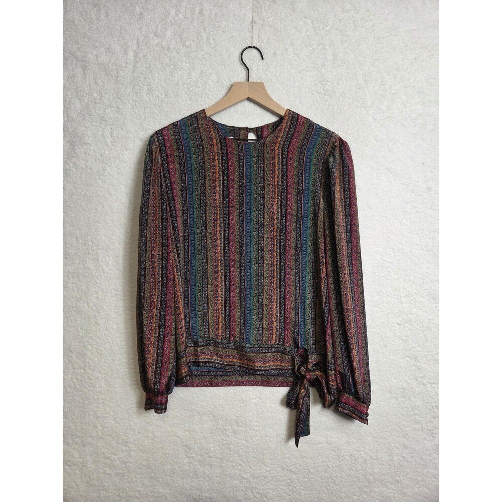 Vtg Womens Tie Front Top Blouse 14 Satin Puff Sleeve‎ Office Modest USA 70s 80s